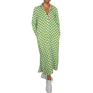 Women's Green White Checkered Long Sleeve Shirt Dress Size US 8 to US 14